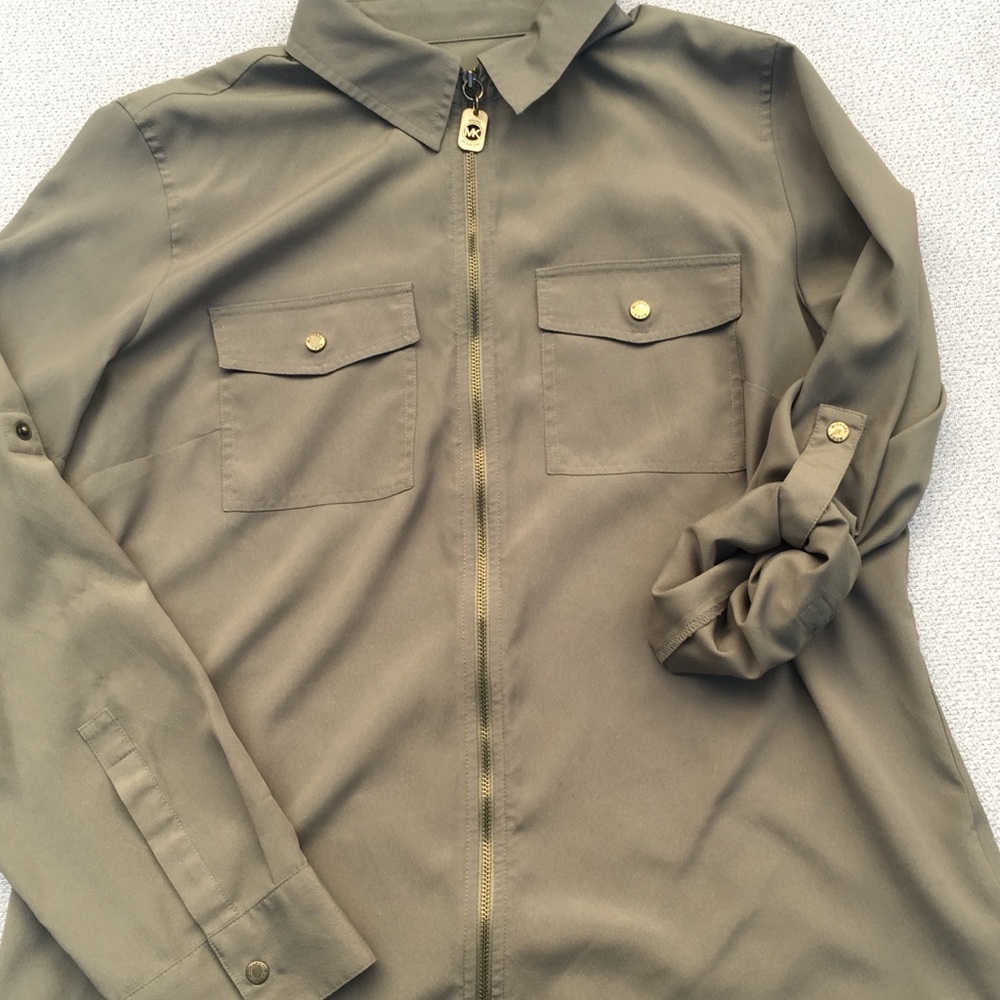 Michael Michael Kors Army Green Blouse Zipper Zip Down Safari L